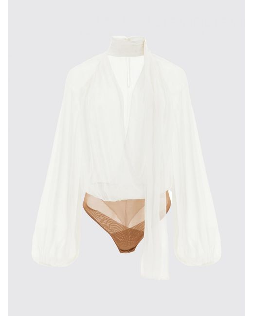 Elisabetta Franchi White Draped Crêpe Blouse With Scarf Neck And V-Neck