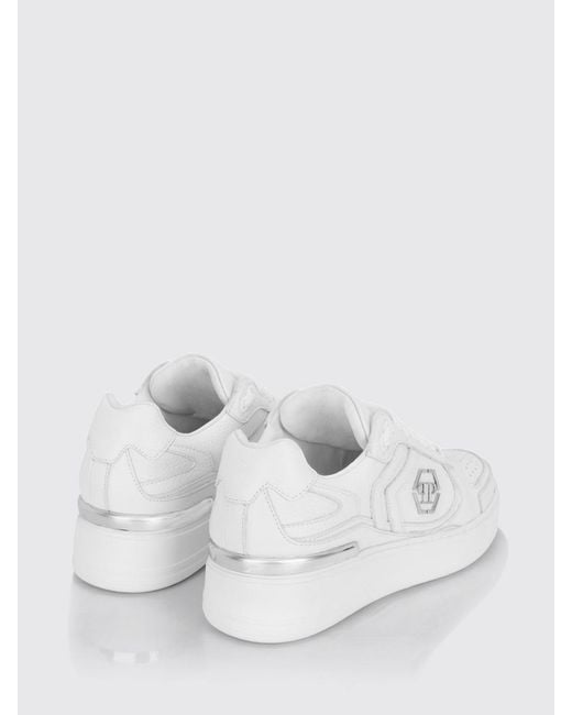 Philipp Plein White Pit-$Top Monogram Leather Low-Top Trainers With Hexagon Logo for men