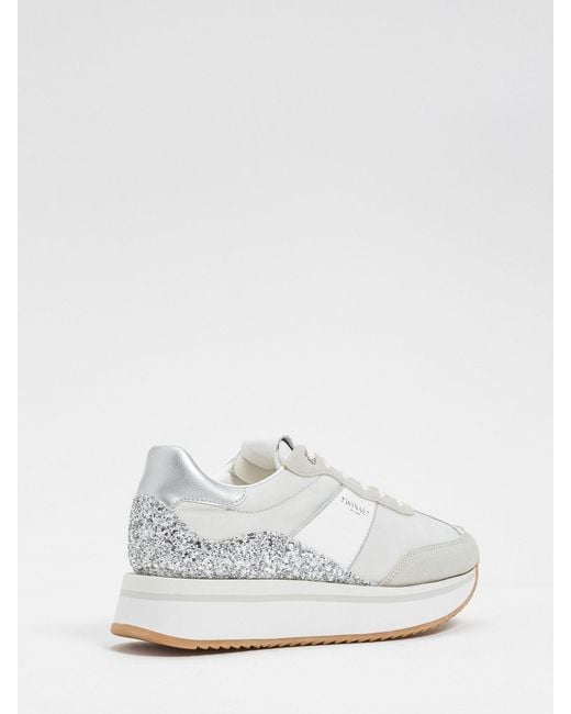 Twinset White Suede And Nylon Glitter Sneakers