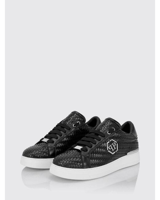 Philipp Plein White Woven Leather Low-Top Sneakers With Hexagon Logo for men