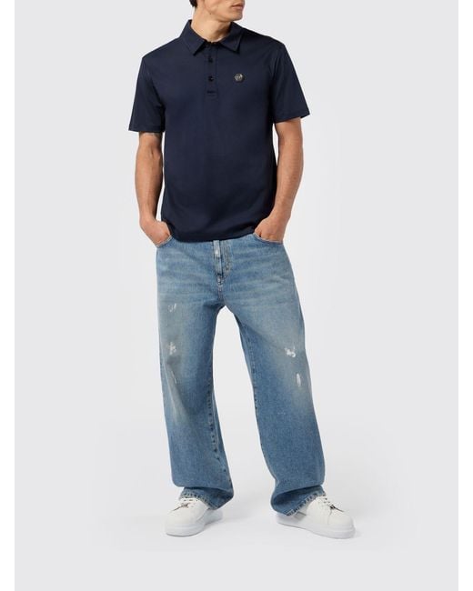 Philipp Plein Blue Cotton Polo Shirt With Monogram for men