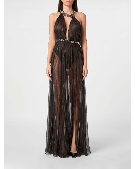 Philipp Plein Brown Long Chiffon Evening Gown With Halter Neck And Slit