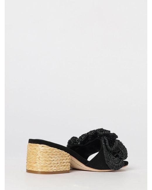 Paloma Barceló Black Suede And Raffia Slip-On Mules With Flower Appliqué