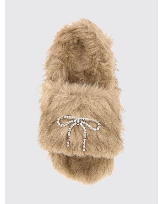 Balenciaga Natural Faux Fur Slides With Bow And Rhinestone Embellishment
