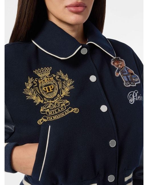 Philipp Plein Blue Cropped Satin Bomber Jacket With Logo And Teddy Bear Embroidery