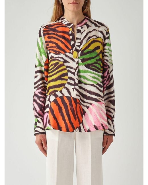 Maliparmi Multicolor Zebra And Polka Dot Print Viscose Blouse With Mandarin Collar