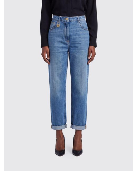 Elisabetta Franchi Blue High-Waisted Cropped Cuffed Cotton Denim Jeans