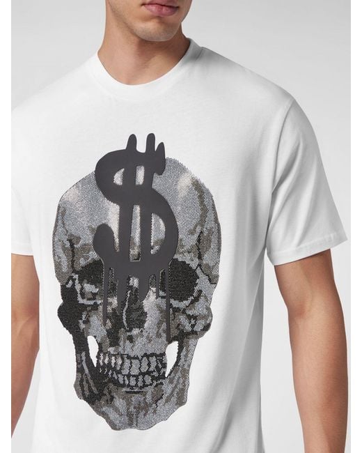 Philipp Plein White Cotton T-Shirt With Skull Print And Rhinestone Applications for men