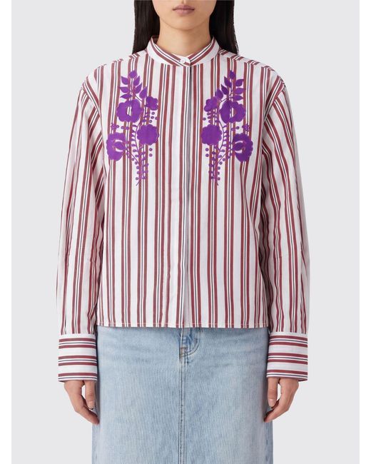 Antik Batik Red Striped Cotton Shirt With Floral Print And Mandarin Collar