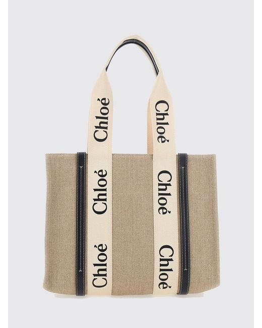 Chloé Natural ChloÉ Woody Linen Tote Bag With Printed Logo And Double Handle