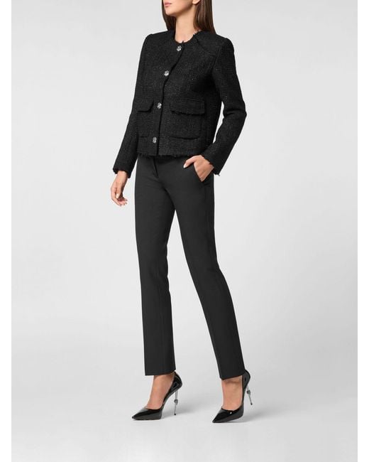 Philipp Plein Black Single-Breasted Short Tweed Blazer With Jewelled Buttons