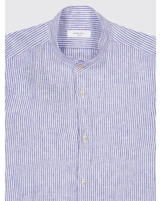 Boglioli Blue Striped Linen Slim Fit Shirt With Mandarin Collar for men