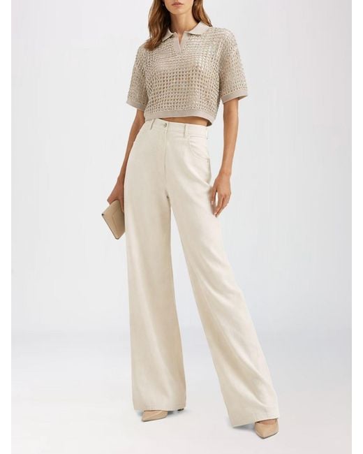 Brunello Cucinelli Natural Silk And Linen Polo Shirt With Sequins