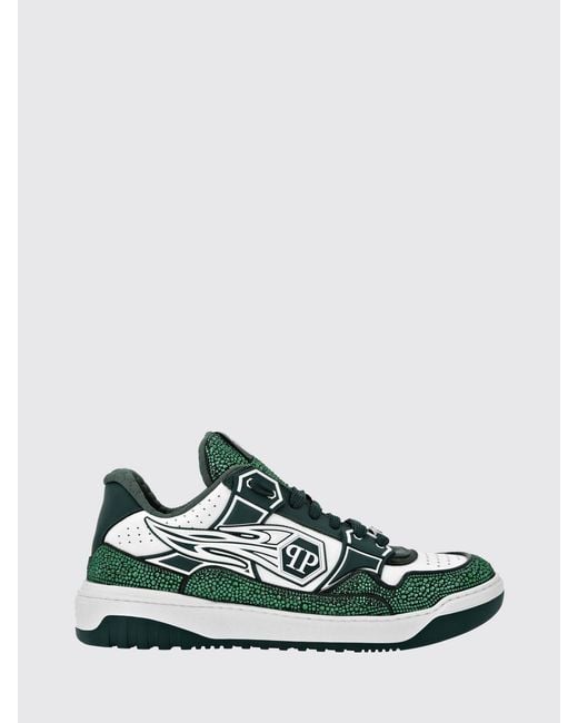 Philipp Plein Green Leather And Rubber Rhinestone Sneakers for men