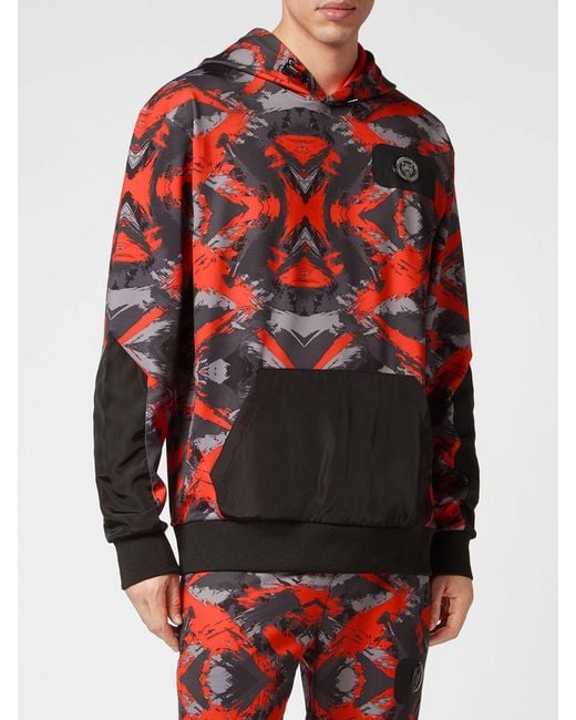 Philipp Plein Red Relaxed Fit Camouflage Print Polyester Hoodie for men