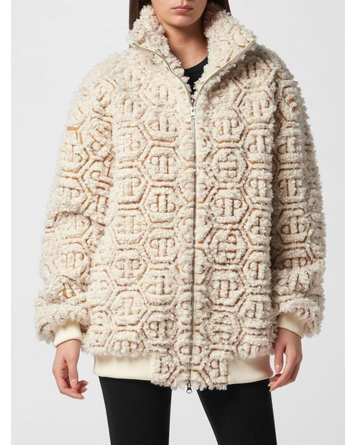 Philipp Plein Natural Cropped High-Neck Fleece Jacket With Hexagon Logo
