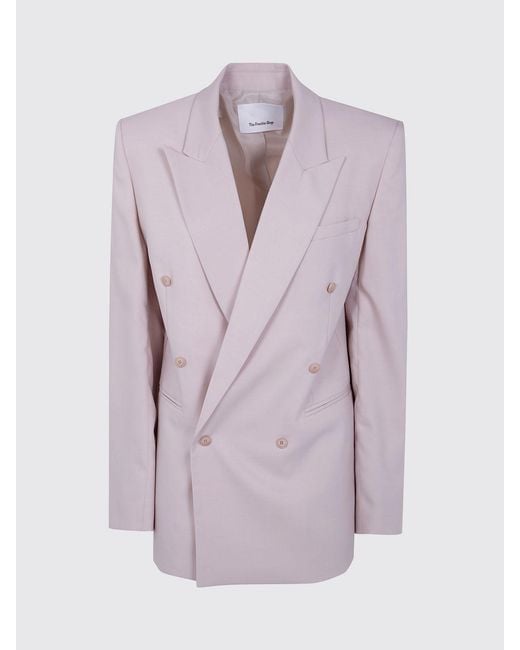 Frankie Shop Gray Cropped Double-Breasted Wool-Blend Blazer With Peak Lapels
