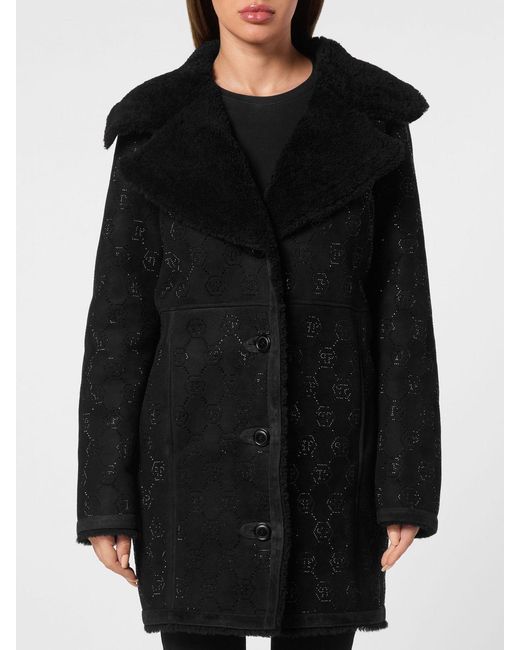 Philipp Plein Black Single-Breasted Shearling Coat With Rhinestone Hexagon Logo