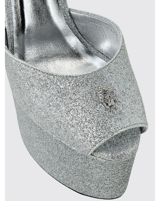 Philipp Plein Gray Glitter Leather Platform Sandals With High Heel And Skull