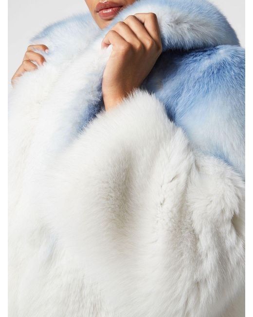 Philipp Plein Blue Abstract Pattern Fox Fur Coat With Fringes