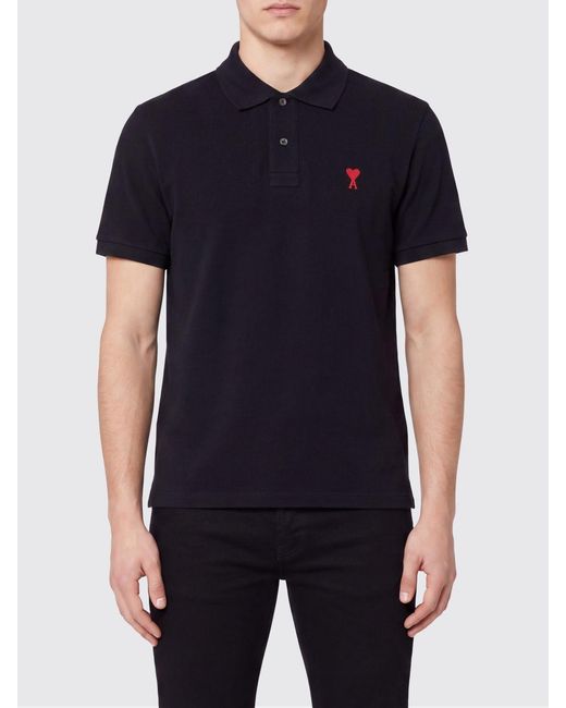 AMI Black Slim Fit Embroidered Logo Polo Shirt for men