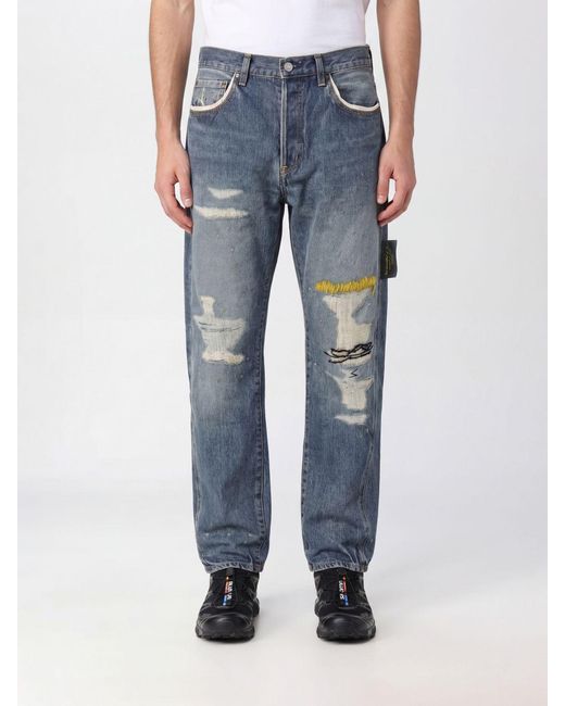 Undercover Blue Straight Fit Embroidered Distressed Denim Jeans With Mid-Rise Waist for men