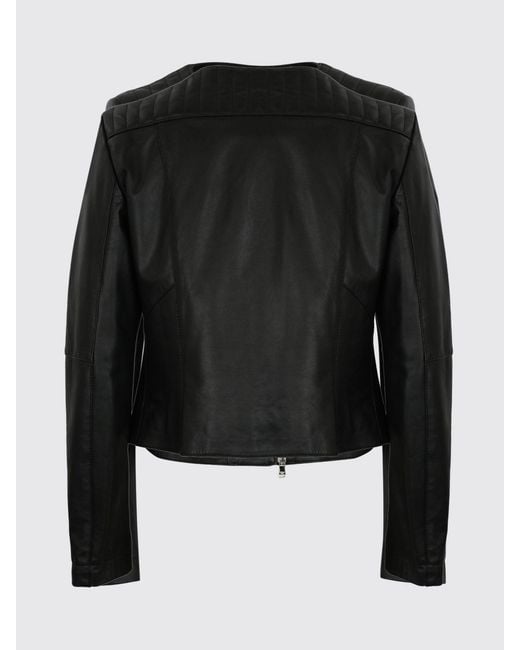 Patrizia Pepe Black Slim Fit Lambskin Leather Jacket With Round Neck And Fly Logo