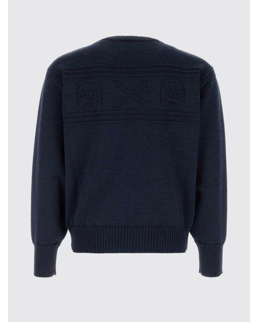 McQueen Blue Wool Crewneck Jumper With All-Over Skull Jacquard Motif for men
