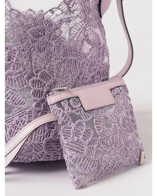 Ermanno Scervino Purple Embroidered Floral Motif Mesh Nylon And Raffia Bag