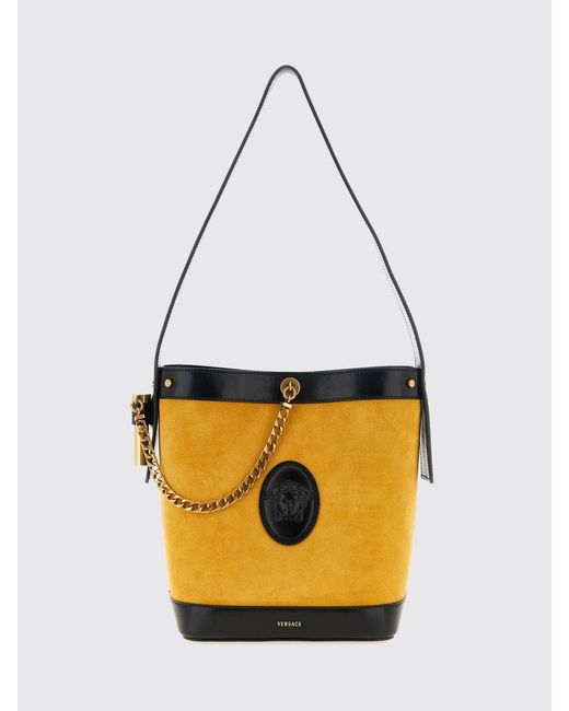 Versace White Pivot Suede Bucket Bag With Medusa Logo And Metal Mesh