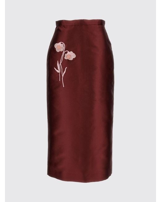 Erdem Red Floral Silk Blend High-Waisted Midi Pencil Skirt