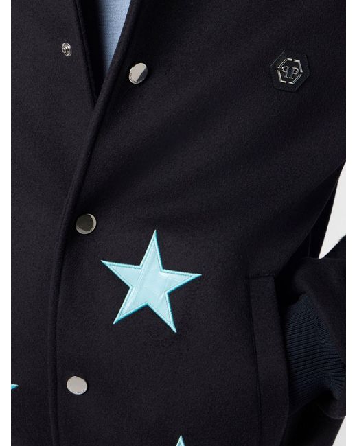 Philipp Plein Blue Animalier And Star Print Wool Bomber Jacket for men