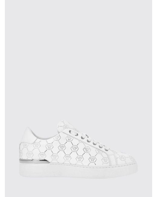 Philipp Plein White Leather Sneakers With Rhinestone Hexagon for men