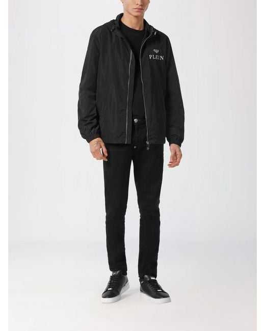 Philipp Plein Black Technical Fabric Hooded Windbreaker Jacket With Logo Print for men