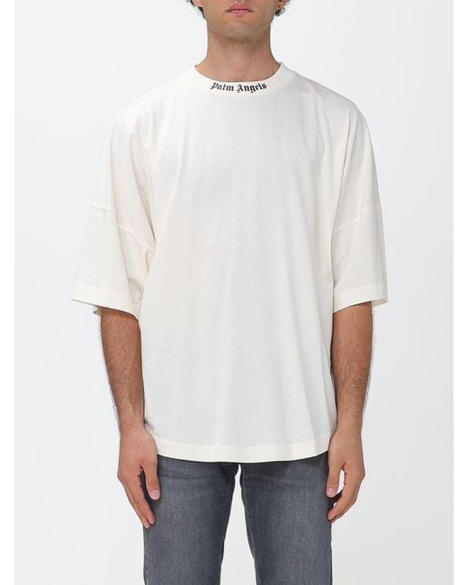 Palm Angels White Relaxed Fit Cotton T-Shirt With Logo And Dropped Shoulders for men