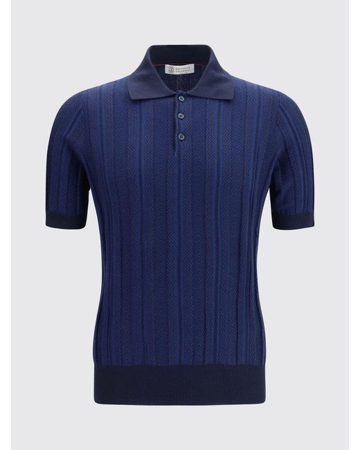 Brunello Cucinelli Blue Cotton Knit Polo for men