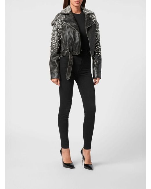 Philipp Plein Black Cropped Leather Biker Jacket With Crystals And Belt
