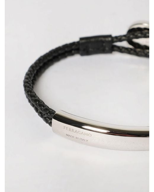 Ferragamo Black Gancini Leather And Brass Bracelet for men