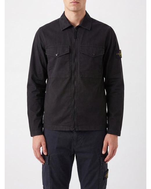 Stone Island Black Stretch Organic Cotton Shirt Jacket With Compass Logo for men