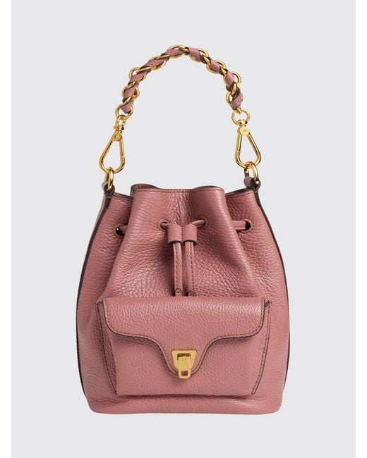 Coccinelle Pink Beat Generation Leather Mini Bucket Bag With Woven Handle