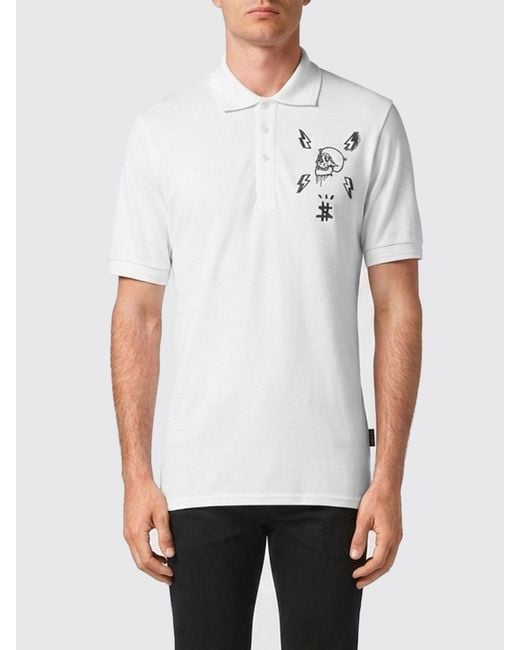 Philipp Plein White Slim Fit Cotton Polo Shirt With Skull Print And Logo for men