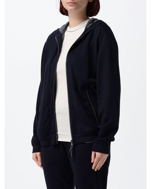 Brunello Cucinelli Blue Cotton Zip-Up Hoodie With Monili Embellishment