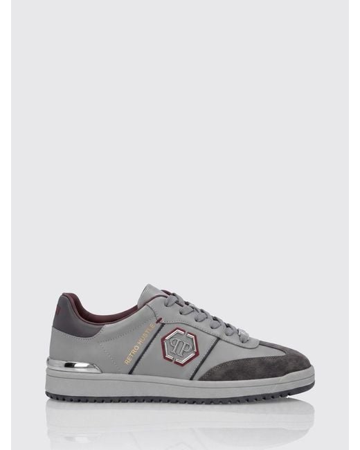 Philipp Plein Gray Retro Hustle Leather Sneakers With Hexagon Logo for men