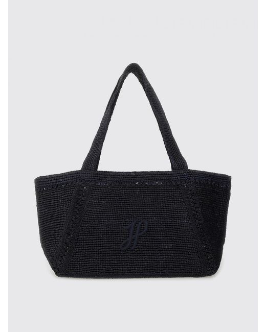 Patou Black Crochet Raffia Bag With Embroidered Logo