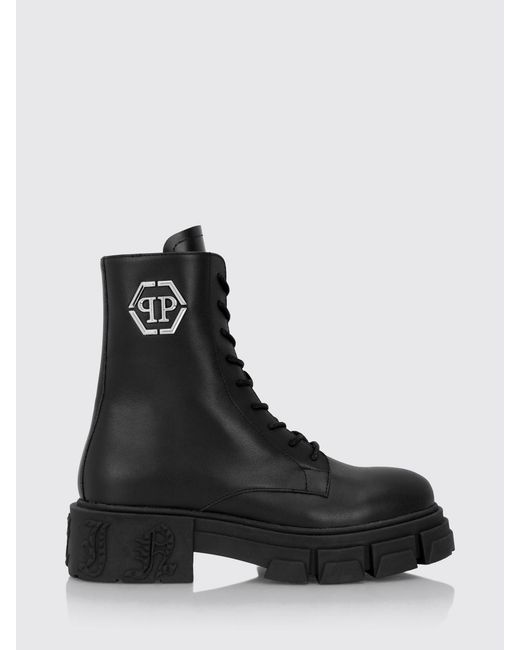 Philipp Plein Black Monogram Calfskin Combat Boots With Hexagon Logo for men