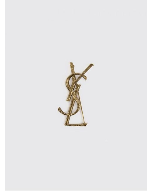 Saint Laurent White Cassandre Brushed Brass Brooch