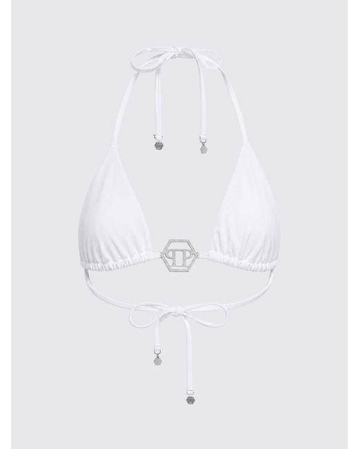 Philipp Plein Natural Triangle Bikini Top With Monogram Print And Hexagon Logo