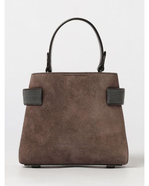 Brunello Cucinelli Brown Small Suede Handbag With Monili Embellishment