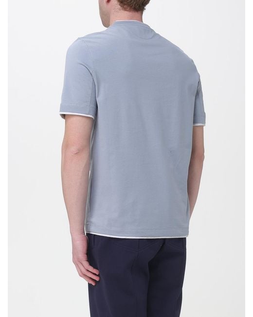 Brunello Cucinelli Blue Cotton Crew-Neck T-Shirt With Contrasts for men