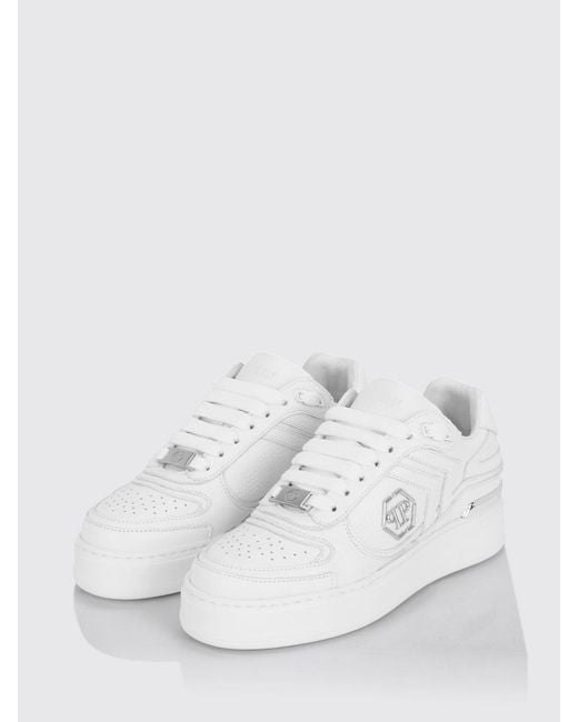 Philipp Plein White Pit-$Top Monogram Leather Low-Top Trainers With Hexagon Logo for men
